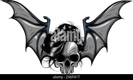 Handgezeichneter Vampirschädel mit Fledermausflügeln. Vektordarstellung für Halloween-Süßes oder -Leckereien Stock Vektor