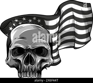 vektordarstellung eines Schwarzweißschädels mit usa-Flagge auf weißem Hintergrund Stock Vektor