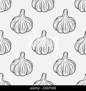 Vektor-nahtloses Muster mit Hand gezeichneter Knoblauchbirne auf weißem Hintergrund. Illustration Des Gemüsevektors. Ganzer Knoblauchkopf in flacher Ausführung. Würzen Stock Vektor