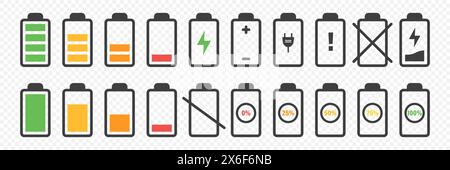 Set Mit Symbolen Für Den Flachen Vektor-Akku. Unterschiedliche Ladehöhe. Akkuanzeige für das Auto oder Telefon, Akkuladezeichen für das Gerät. Drahtlose Ladeenergie Stock Vektor