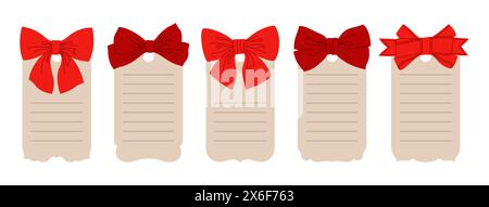 Preisschilder mit Schleife Geschenkband Set. Leere Einkaufsetiketten aus Karton mit roten Bändern. Etikettenschilder verschiedene Formen isoliert für Geschenk Geburtstag, Weihnachtsdekoration. Vektorgrafik Stock Vektor