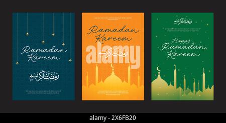 Posterset Grüße von Ramadan Kareem, Ramadan Mubarak, Begrüßungsfastenmonat für islamische oder muslimische Menschen, mit Vektorhintergrund, Banner in sozialen Medien Stock Vektor