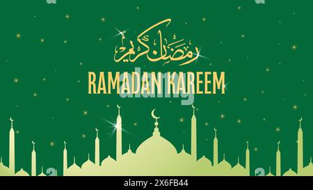 Ramadan Kareem arabische Kalligraphie-Begrüßungsdesign, Moschee-Kuppel im islamischen Stil mit Sternen und grünem Hintergrund, schönes Banner, Flyer oder soziale Medien Stock Vektor