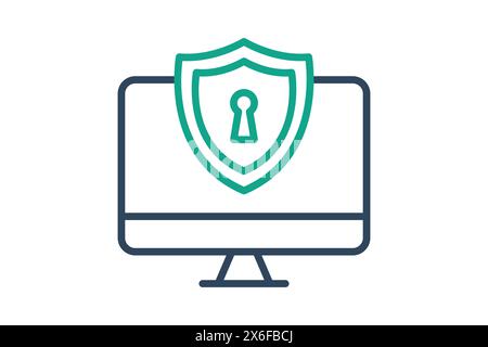 Symbol für Computersicherheit. Computer mit Antivirensoftware. Symbol für Informationstechnologie. Liniensymbolstil. Illustration des Technologieelements Vektor Stock Vektor