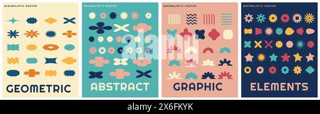 Brutalistisch minimalistisches Poster mit abstrakten geometrischen Formen in verschiedenen Formen. Trendiges Y2K-Banner im Retro-Design. Stock Vektor