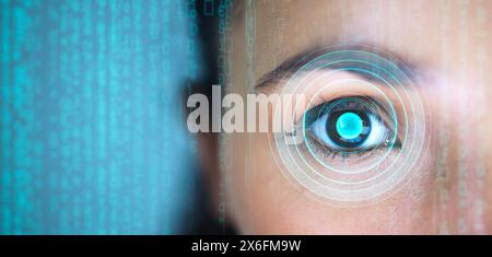 Frau, Auge und Hologramm für biometrische Codierung, Cybersicherheit und Sicherheit vor Computerviren im Portrait. Person, Retina Scan und Informationstechnologie Stockfoto