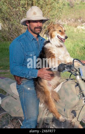 Montana Rancher mit Hund auf Motorrad (MR) Stockfoto