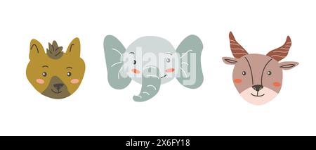 Afrikanische Tiere Gesichter Set. Niedliche Tierporträts mit Doodle. Handgezeichnete Zeichen. Tropische und Dschungel-Zeichentrickköpfe von Hyänen, Elefanten und Antilopen. Wil Stock Vektor