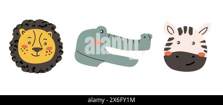 Afrikanische Tiere Gesichter Set. Niedliche Tierporträts mit Doodle. Handgezeichnete Zeichen. Tropische und Dschungel-Karikaturköpfe aus Zebra, Löwe und Crocodale. Joker e Stock Vektor