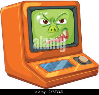 Cartoon eines grünen Monsters in einem orangefarbenen Computer Stock Vektor