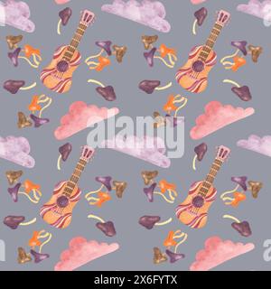 Nahtloses Muster mit Retro-Gitarre, Band, Wolken und Pilzen in Aquarellfarben. Vintage Hippie-Musik Textil-Clipart. Handgezeichneter nostalgischer Druck für Kleidung, Tapeten, Verpackung, Scrapbooking Stockfoto
