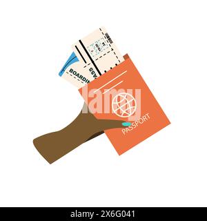 Illustration zur Buchung von Sommerferien mit Reisepass in schwarzer Hand. Pass, Flugtickets in Frauenhand mit afroamerikanischer Haut Stock Vektor
