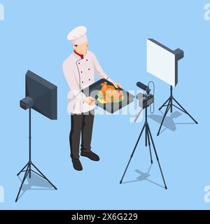 Isometrische Kochaufzeichnung von Video auf der Kamera in der Küche. Chief in White Uniform Blogger, Food Blogger oder Cooking Video Blog. Online-Koch Stock Vektor