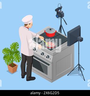 Isometrischer Koch, der Video auf der Kamera in der Küche aufführt. Chef in White Uniform Blogger, Food Blogger oder Kochen Video Blog Konzept. Online-Kochen Stock Vektor