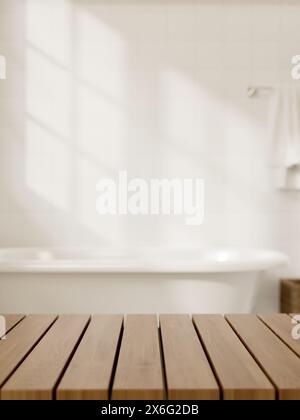 In einem modernen, minimalistischen, weißen Badezimmer mit Badewanne können Produkte auf einem Holztisch präsentiert werden. Ein Nahaufnahme-Bild. 3D-Rendering, 3D-Illustration Stockfoto