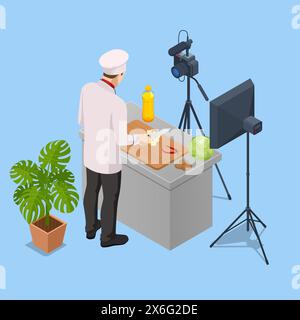 Isometrischer Koch, der Video auf der Kamera in der Küche aufführt. Chef in White Uniform Blogger, Food Blogger oder Kochen Video Blog Konzept. Online-Kochen Stock Vektor