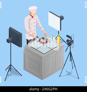 Isometrischer Koch, der Video auf der Kamera in der Küche aufführt. Chef in White Uniform Blogger, Food Blogger oder Kochen Video Blog Konzept. Online-Kochen Stock Vektor