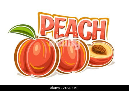 Vektor-Logo für Peach, dekoratives horizontales Poster mit Umrissillustration der Reifen Pfirsiche Komposition mit grünem Blatt, Zeichentrickdesign fruchtiger Druck Stock Vektor