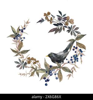 Kränze mit schwarzem Vogel, Viburnum-Zweigen, Blättern und Beeren, Eukalyptus. Stockfoto