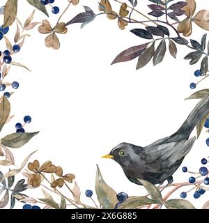 Rahmen mit floralem Aquarell mit schwarzem Vogel, Viburnum-Zweigen, Blättern und Beeren, Eukalyptus. Stockfoto