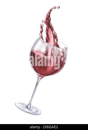 Handgezeichnete Aquarellskizze von Weingläsern mit roten Flecken und Traubenbeeren. Illustration für den Hintergrund oder das Verpackungsetikett für Lebensmittel und Getränke. Für Menü, Stockfoto