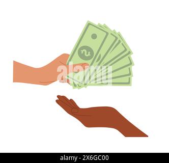 Hand hält Scheine und gibt Geld an die andere Hand. Stock Vektor