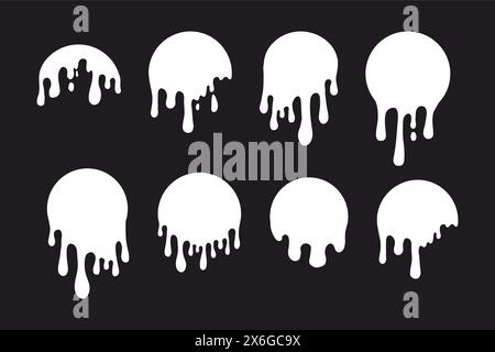 Schmelztropfkreis, weiße Farbe, runder Spritzer mit Tropfen, flüssige Form, Fleck isoliert auf dunklem Hintergrund. Fließende Flüssigkeit, Schleim oder Creme. Vektorabbildung Stock Vektor