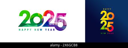 2025 Happy New Year mit farbigem Facettenlogodesign. Zahlen 2025 aus farbigem Buntglas, kreativen Stilelementen für das neue Jahr. Vektorkarte Stock Vektor