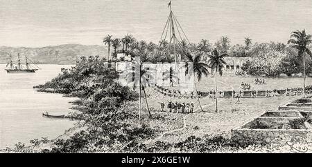 Abfahrt der Expedition von dar es Salaam, Tansania, Ostafrika. Zeichnung von Edouard Riou (1833–1900) die Seen des äquatorialen Afrika, Entdeckungsreise 1883-1885 von Victor Giraud (1858–1898) Le Tour du Monde 1886 Stockfoto