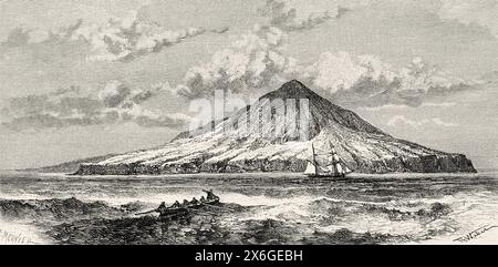 Blick auf die Vulkaninsel Krakatoa, Sunda Strait. Indonesien. Zeichnung von Theodor Weber (1838–1907) Krakatau und die Sundastraße 1884 des französischen Journalisten Edmond Cotteau (1833–1896) Le Tour du Monde 1886 Stockfoto