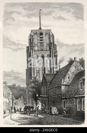 Der Oldehove ist ein schiefer und unvollendeter Kirchturm im mittelalterlichen Zentrum der niederländischen Stadt Leeuwarden, Friesland, Niederlande, Europa. Friesland, niederländische Zeitung de Aarde en Haar volken, 1883. Le Tour du Monde 1886 Stockfoto