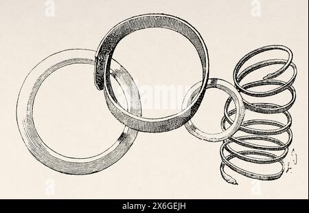 Armbänder, die in Särgen in der Pamitinan-Höhle in Sierra Madre bei Wawa Dam, Rizal, Philippinen, Südasien gefunden wurden. Zeichnung von P. Sellier. Luzon und Palawan, sechs Jahre Reise auf den Philippinen von Alfred Marche (1844–1898) Le Tour du Monde 1886 Stockfoto