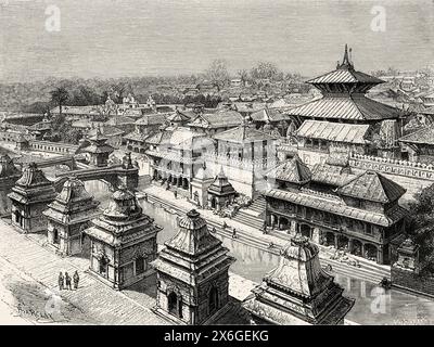 Pashupatinath-Tempel. Nepals heiligster Hinduschrein und eine der größten Stätten der Shiva, Ufer des Bagmati Flusses. Kathmandu. Nepal. Asien. Zeichnung von Edgar Barclay (1842 - 1913) Reise nach Nepal von Doktor Gustave Le Bon (1841 - 1931) Le Tour du Monde 1886 Stockfoto