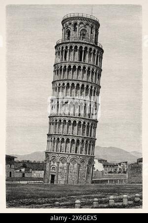 Der Schiefe Turm von Pisa ist der Glockenturm der Kathedrale von Pisa, der sich auf der Piazza del Duomo in Pisa befindet. Toskana, Italien. Europa. Zeichnung von Albert Bertrand (1854 - 1912) Reise durch die Toskana 1881 von Eugene Muntz (1845 - 1902) Le Tour du Monde 1886 Stockfoto