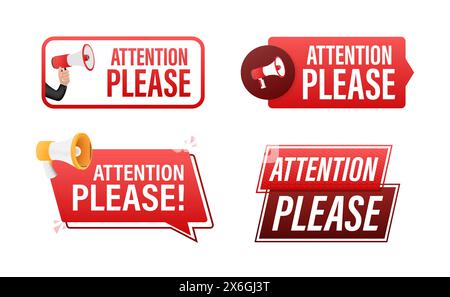 Achtung, bitte schreiben Sie mit Megaphone-Beschriftungssatz. Megaphon in Hand Werbebanner. Marketing und Werbung Stock Vektor