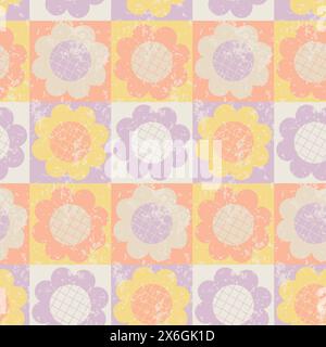 Y2K Ästhetik, Groovy Gänseblümchenblümchen nahtloses Muster mit Textur in Farbfeldern. Floraler Vektor Hintergrund im 1970er Jahre Hippie Retro Stil für Druck auf Text Stock Vektor
