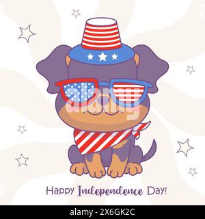 Glücklicher patriotischer Hund in Partybrille, Hut und Halstuch in Farben amerikanischer Flagge. Rottweiler Welpen Cartoon Kawaii Tier. Feiertag 4. Juli A Stock Vektor