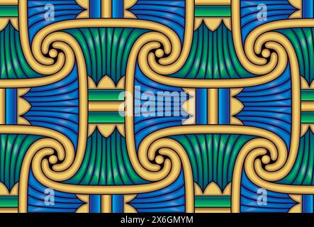 Kompliziertes geometrisches Vektorornament mit goldener Umrandung, blau-grün-fächerförmigen Mustern und eleganten Wirbeln, die ein luxuriöses nahtloses d schaffen Stock Vektor