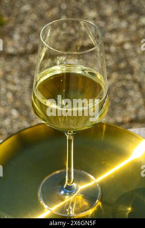 glas Weißwein auf goldener Tafel, im Garten Stockfoto