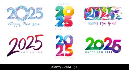 2025er-Set mit Happy New Year-Logo im Kunstdesign. Zahlen 2025 aus Schneeflocke, farbigem Buntglas, Grunge-Bürsten und 3D-Symbol für kreativen Stil Stock Vektor