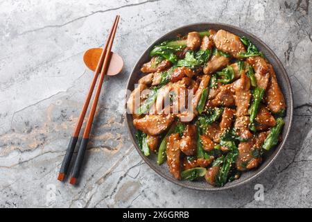 Chinesisches, gebratenes Schweinefilet mit Römersalat, Sesam und Knoblauch in Sojasauce in Nahaufnahme auf einem Teller auf dem Tisch. Horizontale Draufsicht f Stockfoto