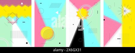 Abstraktes Retro-Poster mit minimalem Sommerbrutalismus. memphis geometrische Sonne mit Vintage-Muster. Sommer bauhaus-Vibes Muster Urlaub Grafik Design. Moderne, trendige, minimalistische, asymmetrische Kunstwerke der Saison Stock Vektor