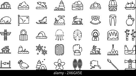 Alaska Icons Kollektion ist eine Vektorillustration mit bearbeitbarem Kontur. Stock Vektor