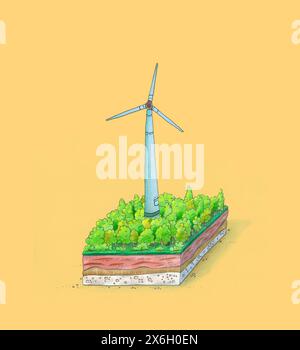 Illustration Elektrizität - Insel mit Wald und Windmühle Stockfoto