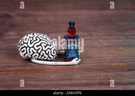 Kiew, Ukraine – 26. Januar 2024: Brain Model neben einer Miniaturflasche mit Jack Daniel’s Whiskey Stockfoto