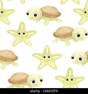 Nahtloses Aquarellmuster von schönen niedlichen Meerestieren mit großen Augen: Schildkröte und Seesterne. Illustrationen für Design, Babydusche, Geschenkpapier Stockfoto