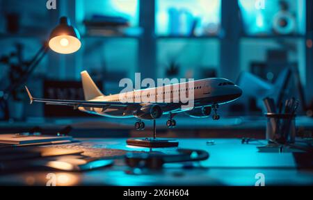 Das Spielzeug-Flugzeug sitzt auf dem Schreibtisch unter der Lampe und ähnelt einem Flugzeugmodell Stockfoto