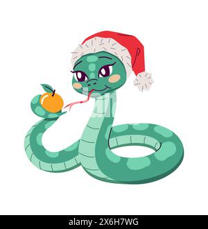 Niedliche Schlange mit Weihnachtsmann-Hut und Mandarinenfrucht 2D-Zeichentrickfigur. Chinesisches Tierkreiszeichen des nächsten Jahres isolierten Vektortierhintergrunds Stock Vektor