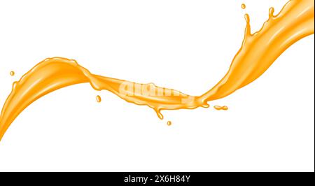 Fruchtsaft fliegender Streifen realistische Vektor-Illustration. Frische organische Orangengetränk Welle in Bewegung 3D-Objekt auf weißem Hintergrund Stock Vektor