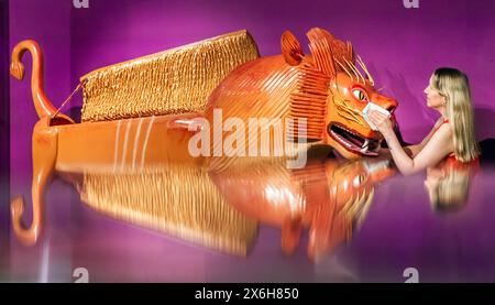 Kat Baxter, Kurator der Archäologie, reinigt einen löwenförmigen Sarg (reflektiert in einem Glasschrank), der von der weltberühmten ghanaischen Sargenschreinerin Paa Joe hergestellt wurde, bekannt für die Schnitzerei von raffinierten benutzerdefinierten Aebuu Adekai, oder „Sprichboxen“, die darauf abzielen, Elemente des Lebens des Verstorbenen festzuhalten. Der Sarg ist Teil der Ausstellung Living with Death im Leeds City Museum, die die verschiedenen Arten erforscht, wie Menschen Tod, Sterben und Trauer erleben. Bilddatum: Mittwoch, 15. Mai 2024. Stockfoto